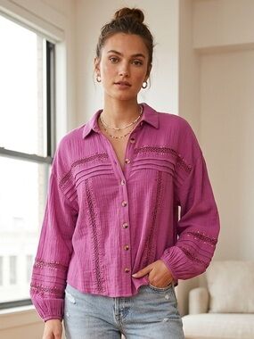 Free People Women’s Button-Front Crochet-Trim Blouse - Magenta